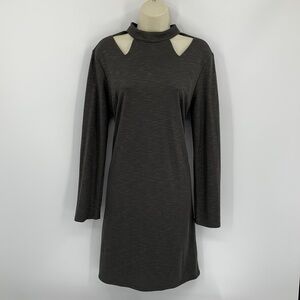 Lanston knit shift dress triangle cut-out olive green burnout long sleeve Medium